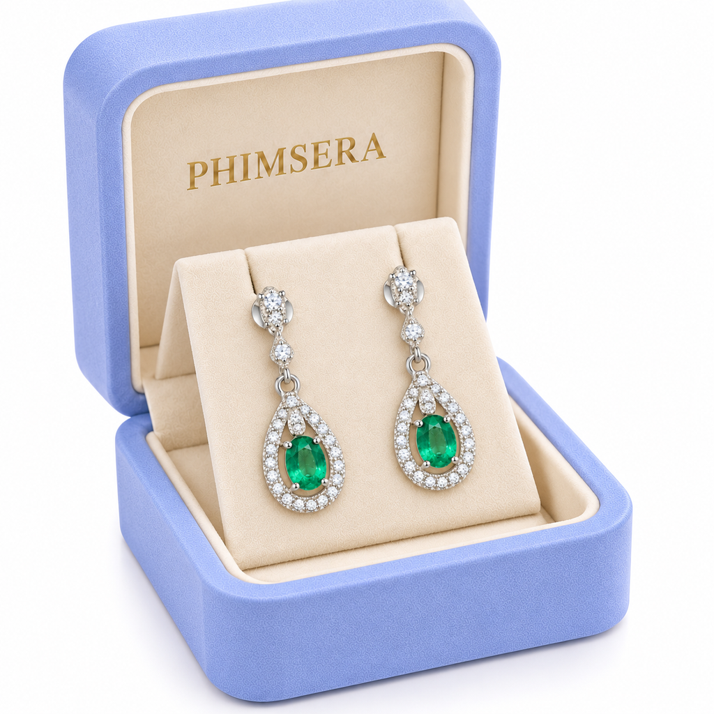 Natural Emerald 4x5mm Oval Teardrop Halo Dangle Earrings in 925 Sterling Silver with CZ
