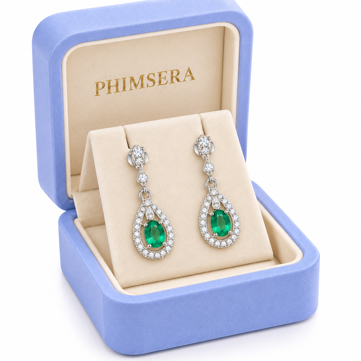 Natural Emerald 4x5mm Oval Teardrop Halo Dangle Earrings in 925 Sterling Silver with CZ