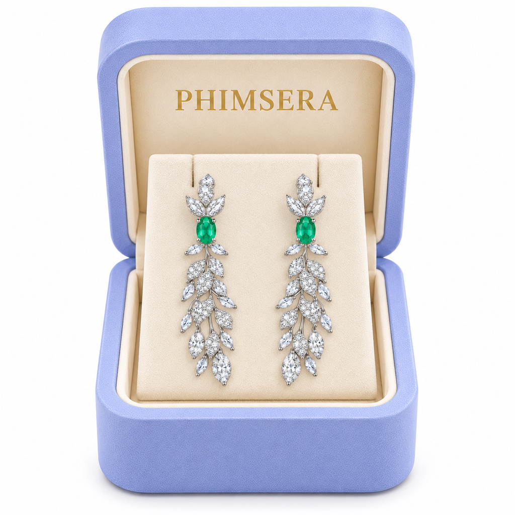 Natural Emerald 4x6mm Oval Leaf Chandelier Dangle Earrings in 925 Sterling Silver