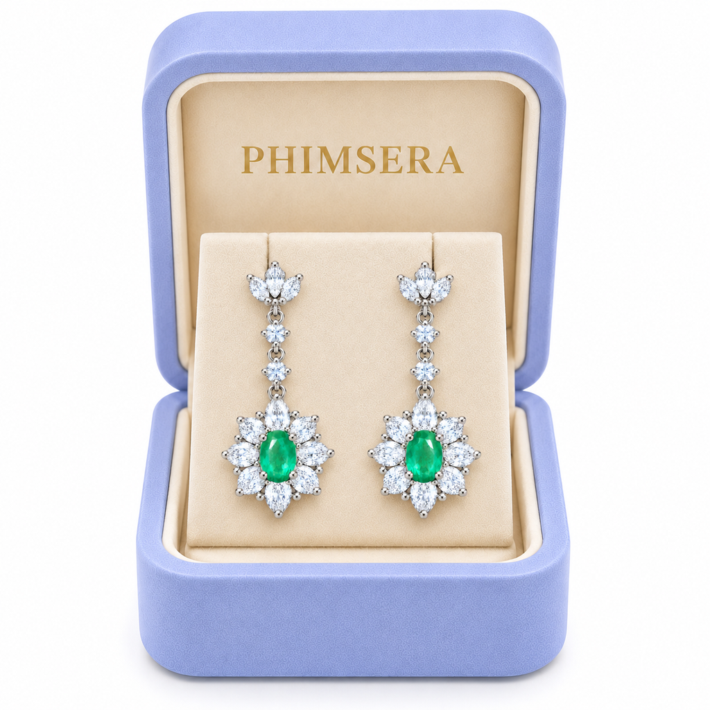 Natural Emerald 4x6mm Oval Floral Halo Dangle Earrings in 925 Sterling Silver with CZ