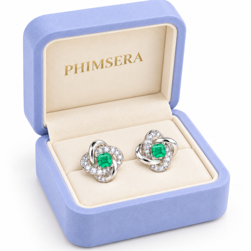 Natural Emerald 3mm Square Cut Clover Knot Stud Earrings in 925 Sterling Silver