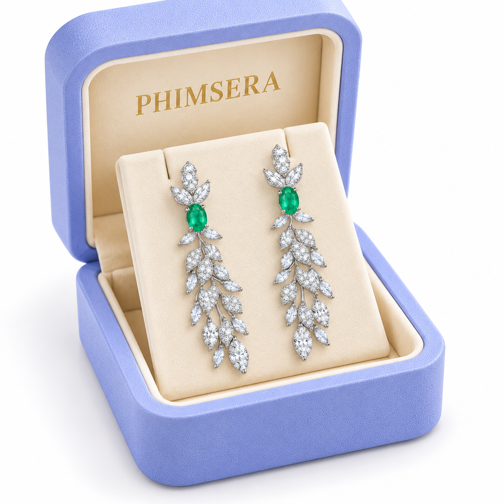 Natural Emerald 4x6mm Oval Leaf Chandelier Dangle Earrings in 925 Sterling Silver