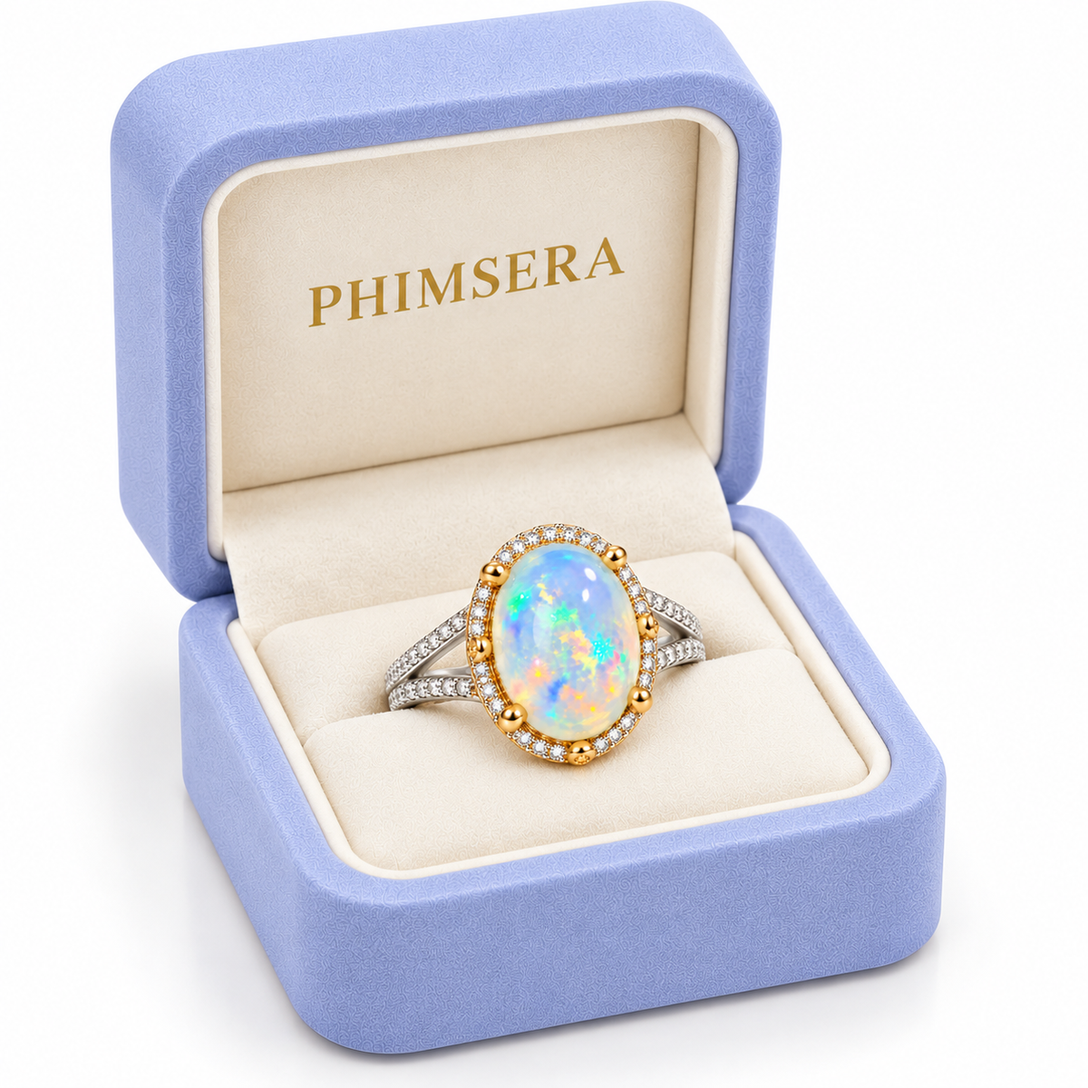 10×14mm Natural Australian White Fire Opal Ring – Oval Rainbow Opal Halo Ring in 925 Sterling Silver with Gold Accents