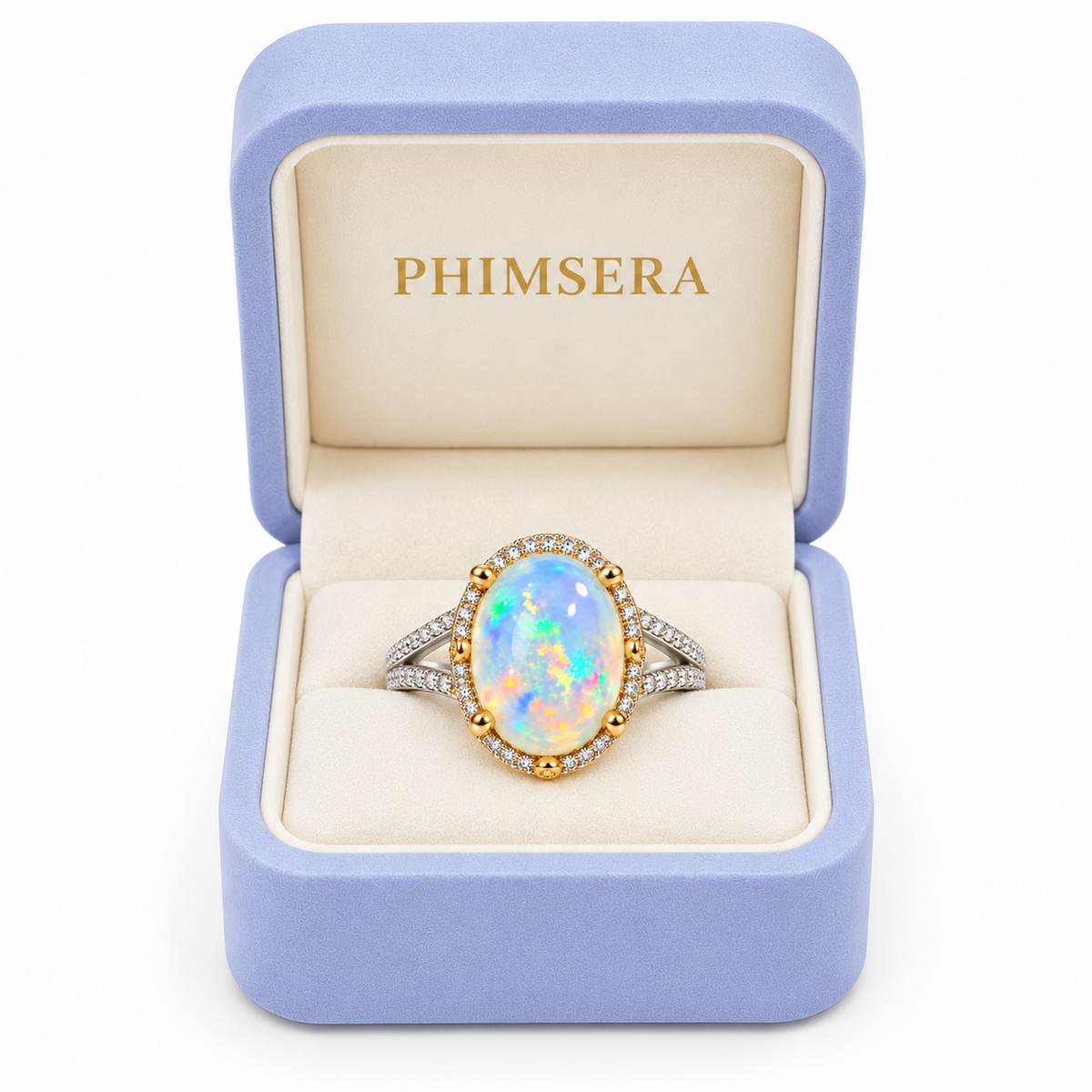 10×14mm Natural Australian White Fire Opal Ring – Oval Rainbow Opal Halo Ring in 925 Sterling Silver with Gold Accents