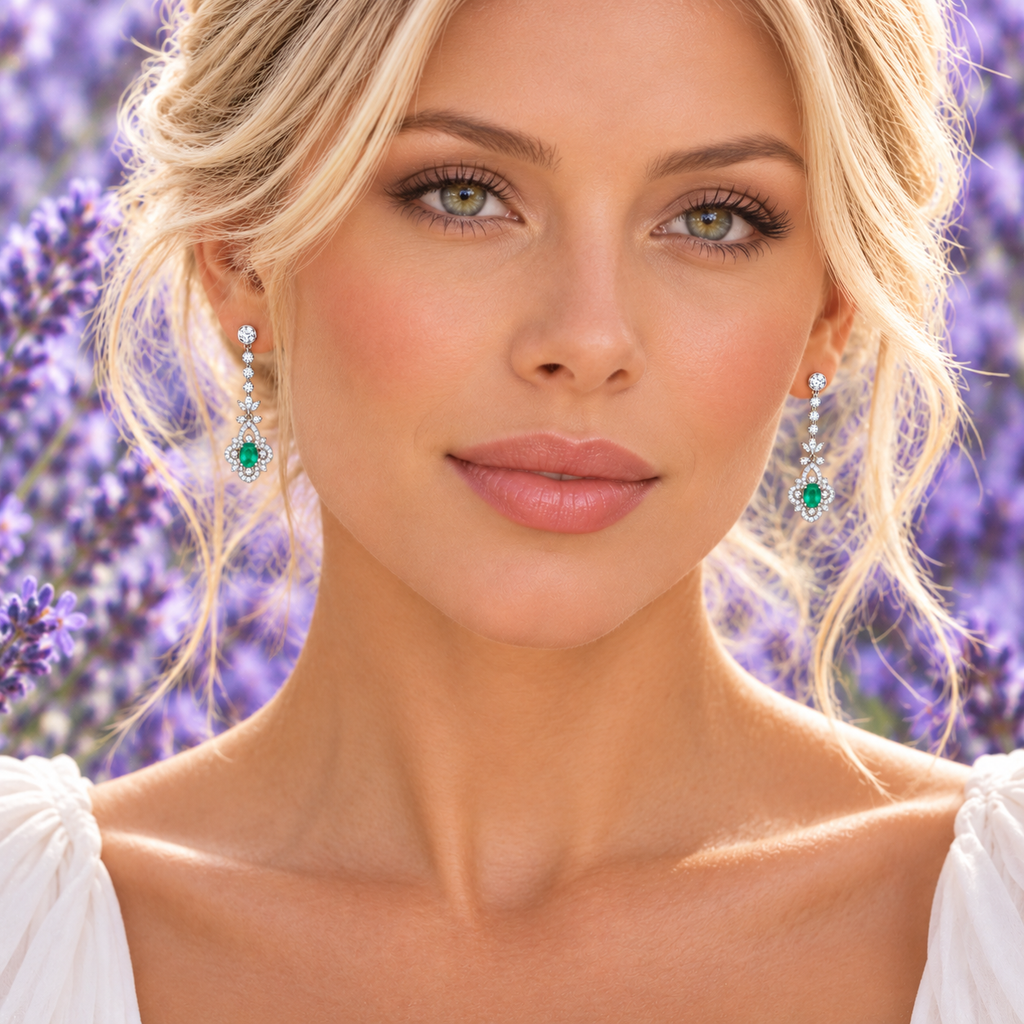 Natural Emerald 4x5mm Oval Vintage Chandelier Dangle Earrings in 925 Sterling Silver