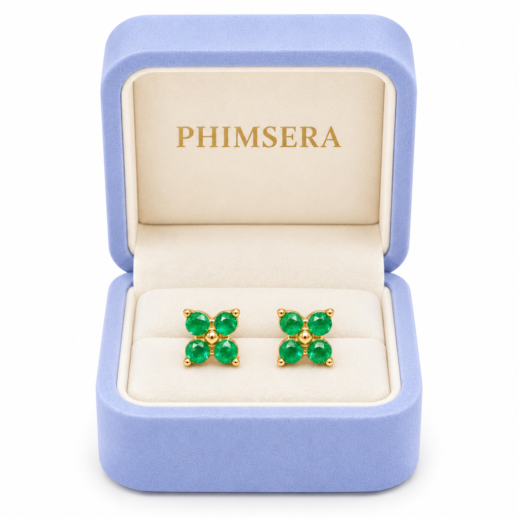 Natural Emerald 3mm Four Leaf Clover Stud Earrings in 925 Sterling Silver Gold Plated