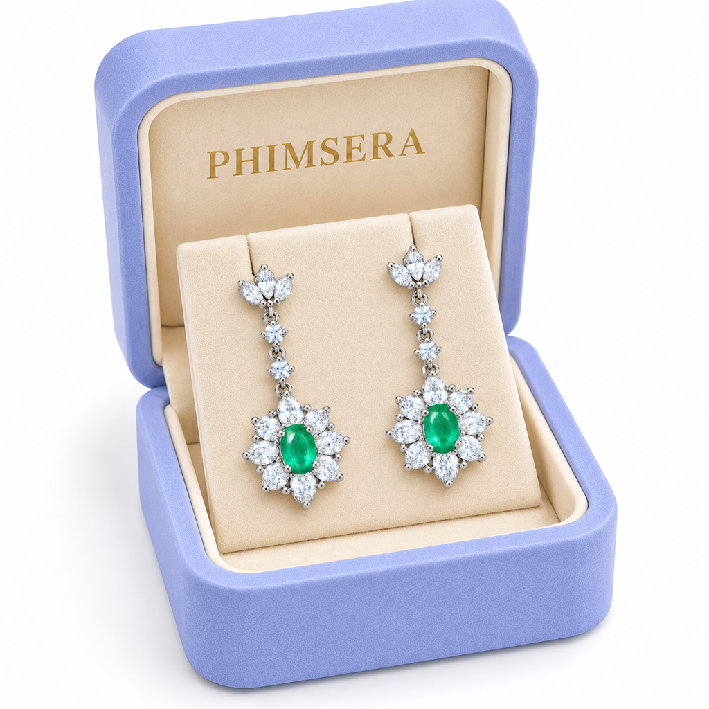 Natural Emerald 4x6mm Oval Floral Halo Dangle Earrings in 925 Sterling Silver with CZ