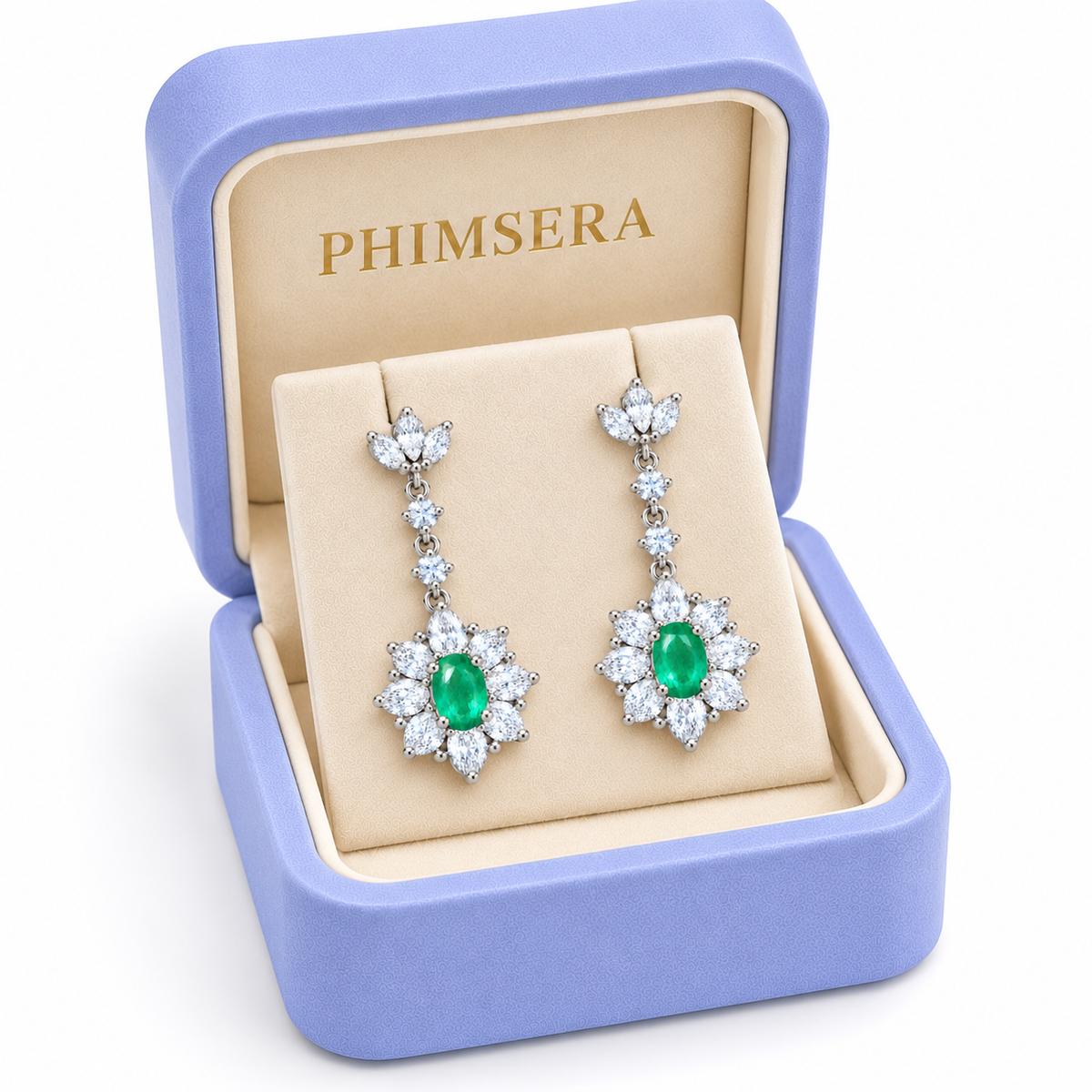 Natural Emerald 4x6mm Oval Floral Halo Dangle Earrings in 925 Sterling Silver with CZ