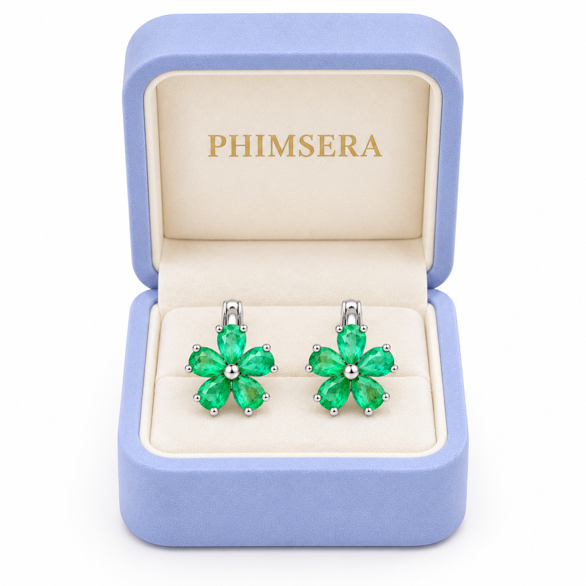 Natural Emerald Flower Huggie Hoop Earrings with 3x4mm Pear Cut Gemstones in 925 Sterling Silver