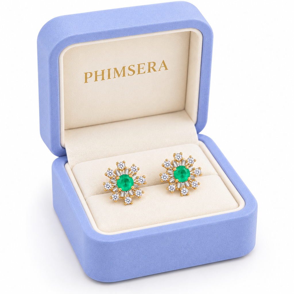 Natural Emerald 3mm Round Snowflake Stud Earrings with CZ in 925 Sterling Silver