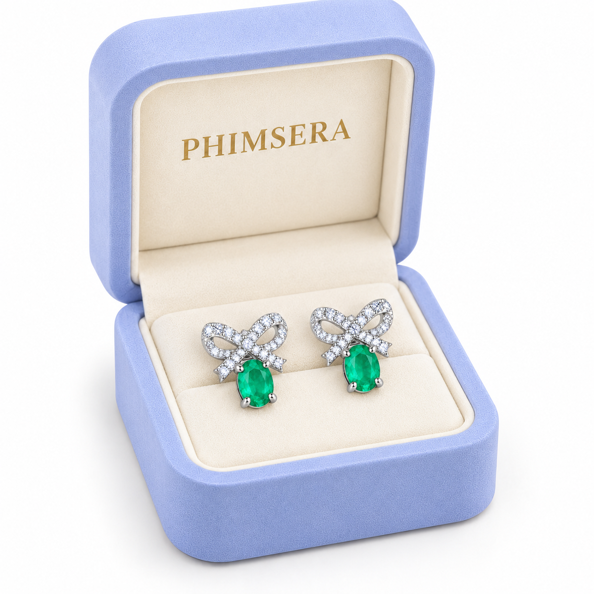 Natural Emerald 4x5mm Oval Bow Stud Earrings in 925 Sterling Silver with CZ