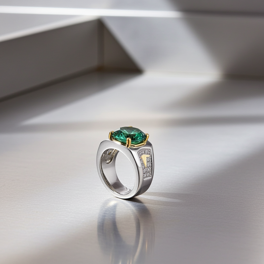 2CT VVS1 Men's Green Moissanite Ring Round Brilliant Cut