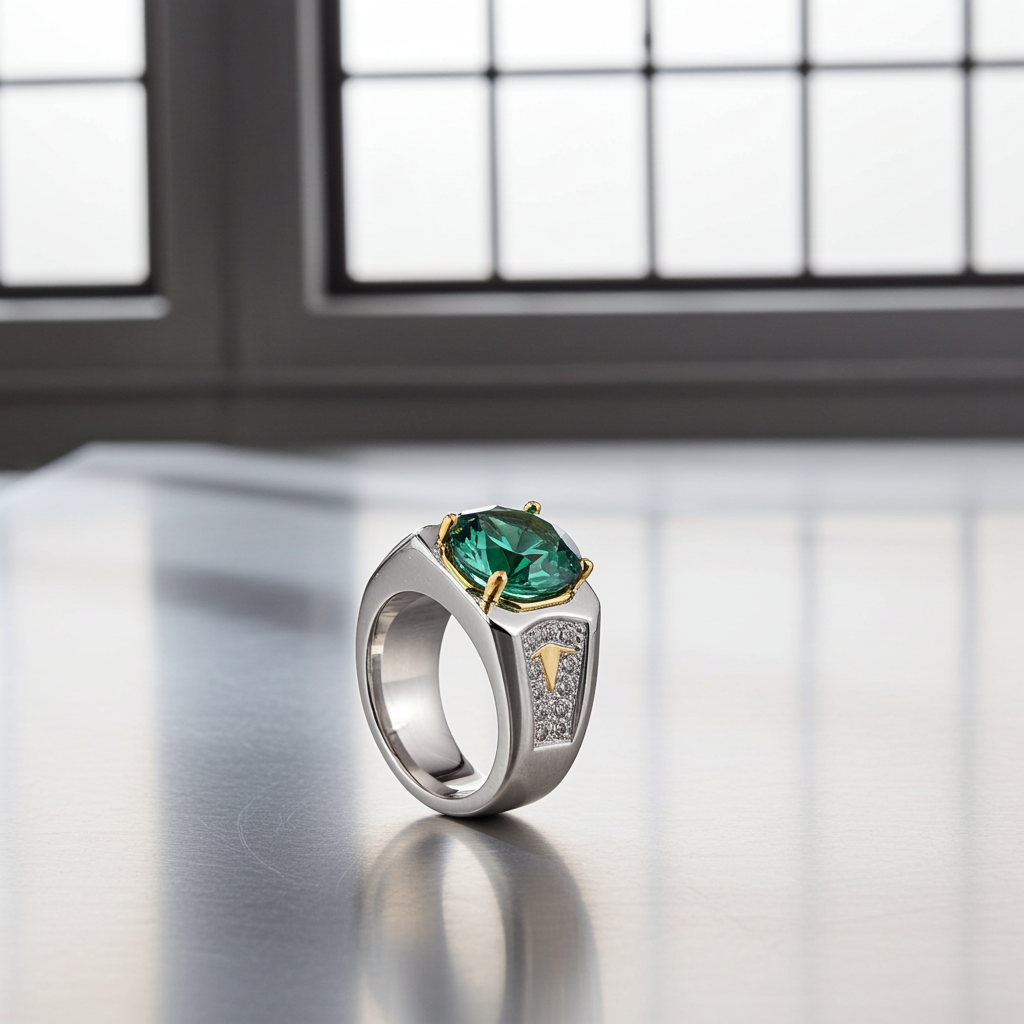 2CT VVS1 Men's Green Moissanite Ring Round Brilliant Cut