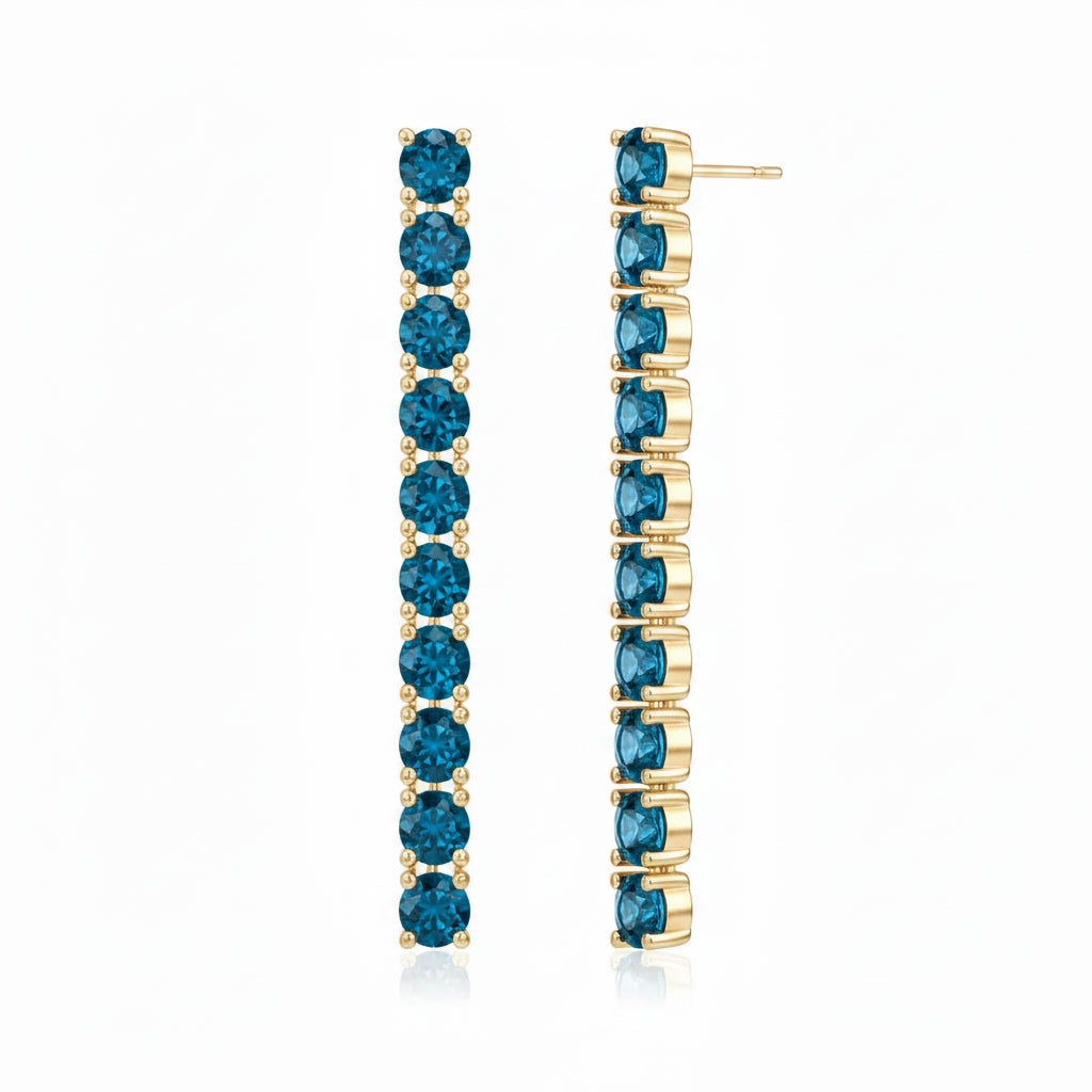 Close angled view of Phimsera 3mm round London Blue Topaz dangle earrings featuring 10 gemstones on each earring
