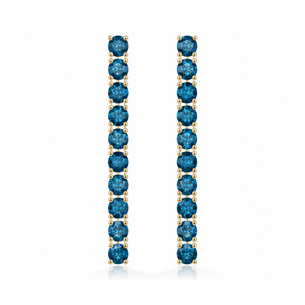 Front view of long 3mm round London Blue Topaz dangle earrings with 20 deep blue gemstones per pair