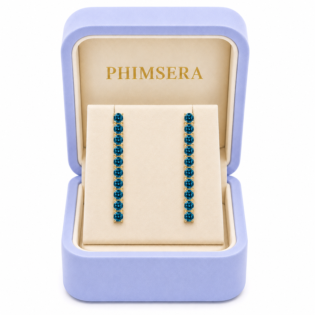 Phimsera 3mm round London Blue Topaz dangle earrings presented inside a Phimsera jewelry box