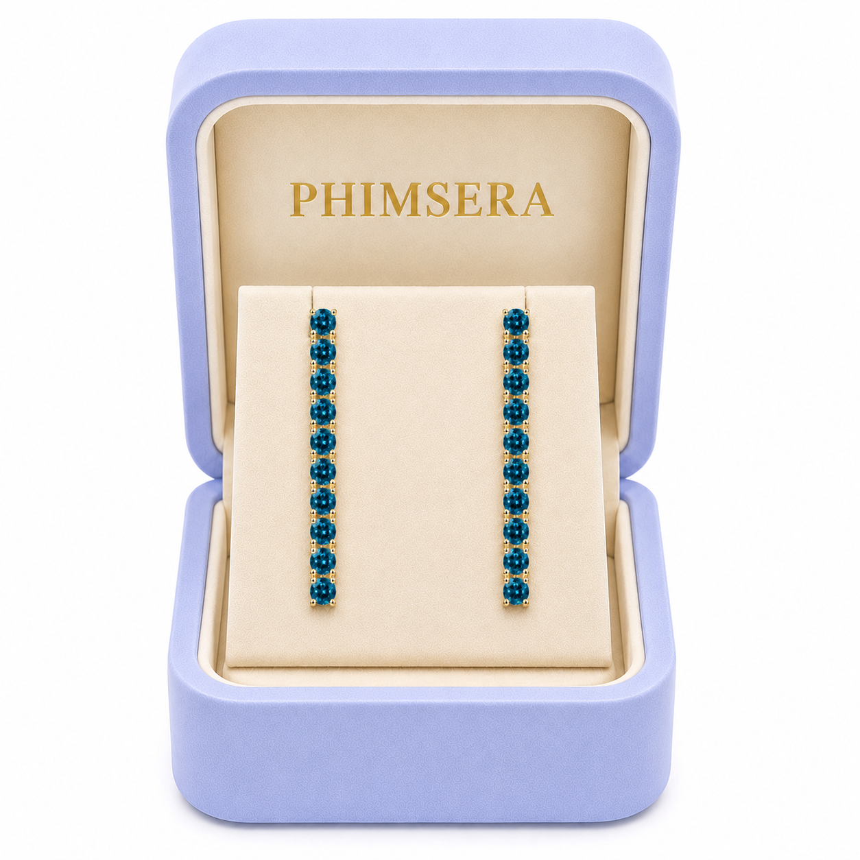 Phimsera 3mm round London Blue Topaz dangle earrings presented inside a Phimsera jewelry box