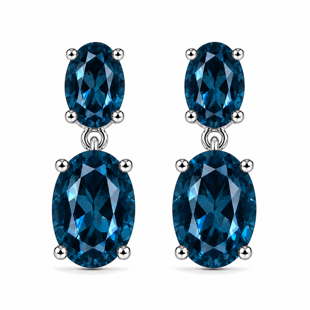 London Blue Topaz dangle earrings with 4x6mm and 8x10mm oval gemstones in sterling silver