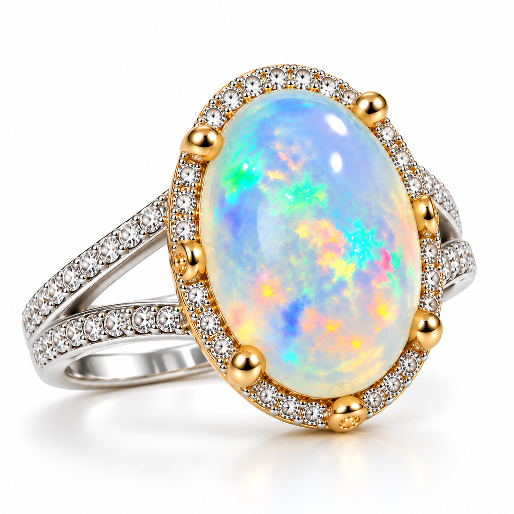 10×14mm Natural Australian White Fire Opal Ring – Oval Rainbow Opal Halo Ring in 925 Sterling Silver with Gold Accents