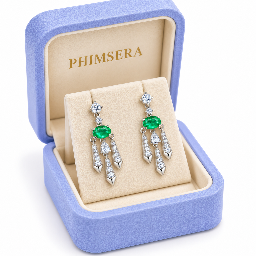 Natural Emerald 4x6mm Oval Chandelier Dangle Earrings in 925 Sterling Silver with CZ
