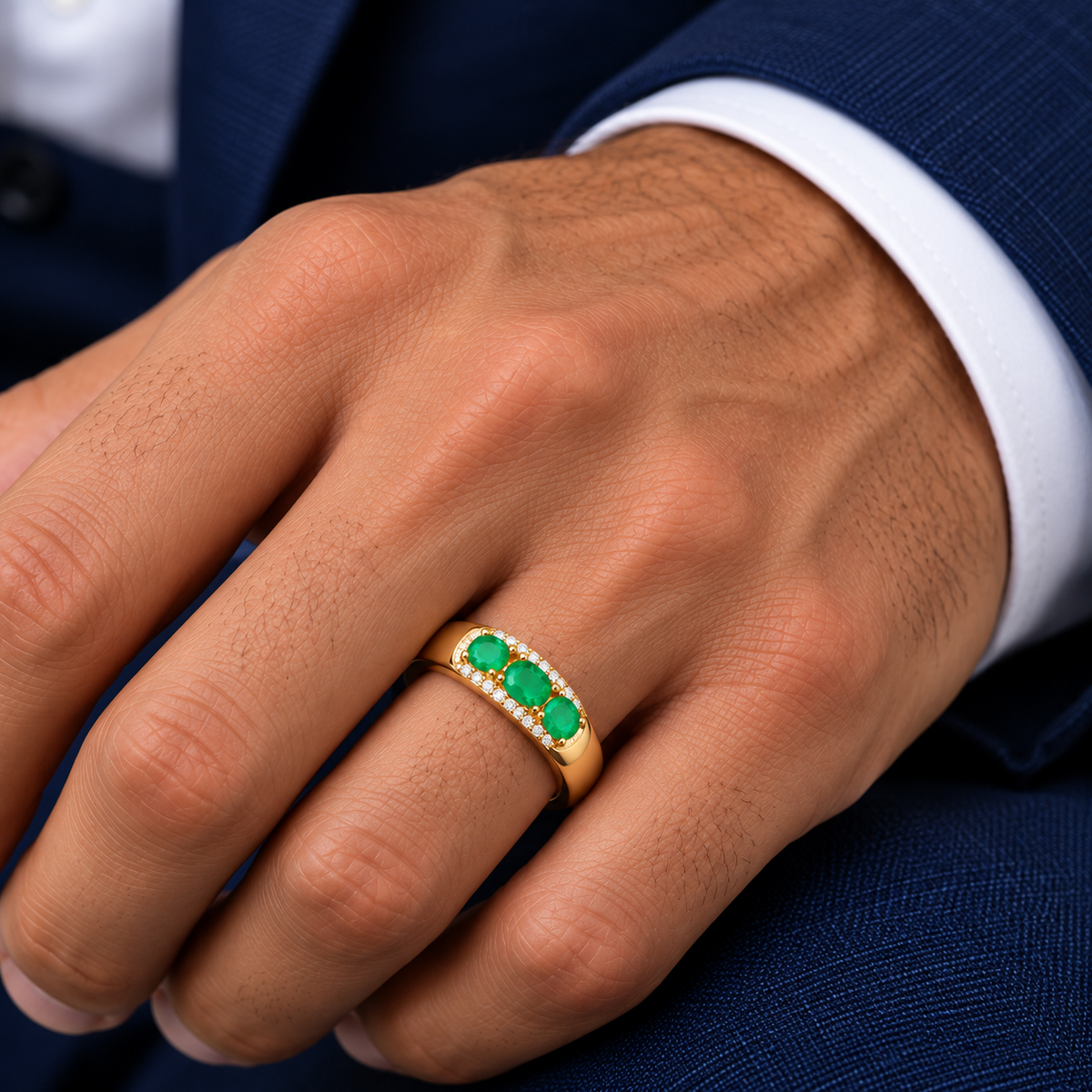 Men's Natural Colombian Emerald Three-Stone Band Ring in 925 Sterling Silver – 3×4mm Oval Emeralds