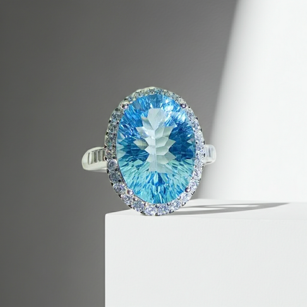 Swiss Blue Topaz Gemstone Ring 10x14mm 9CT