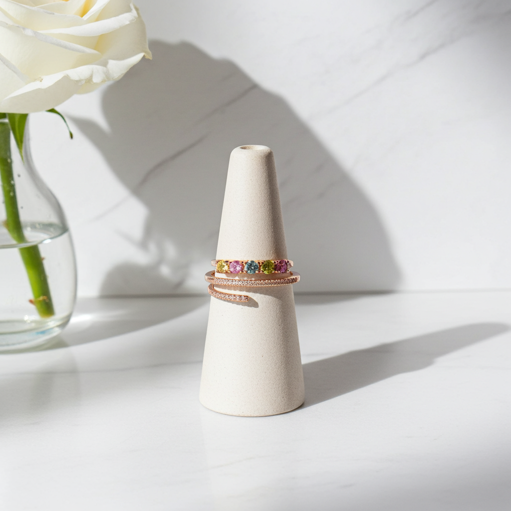 Natural Multi Tourmaline Wrap Ring with 3mm colorful gemstones and cubic zirconia accents in 925 sterling silver with platinum plated finish by PHIMSERA