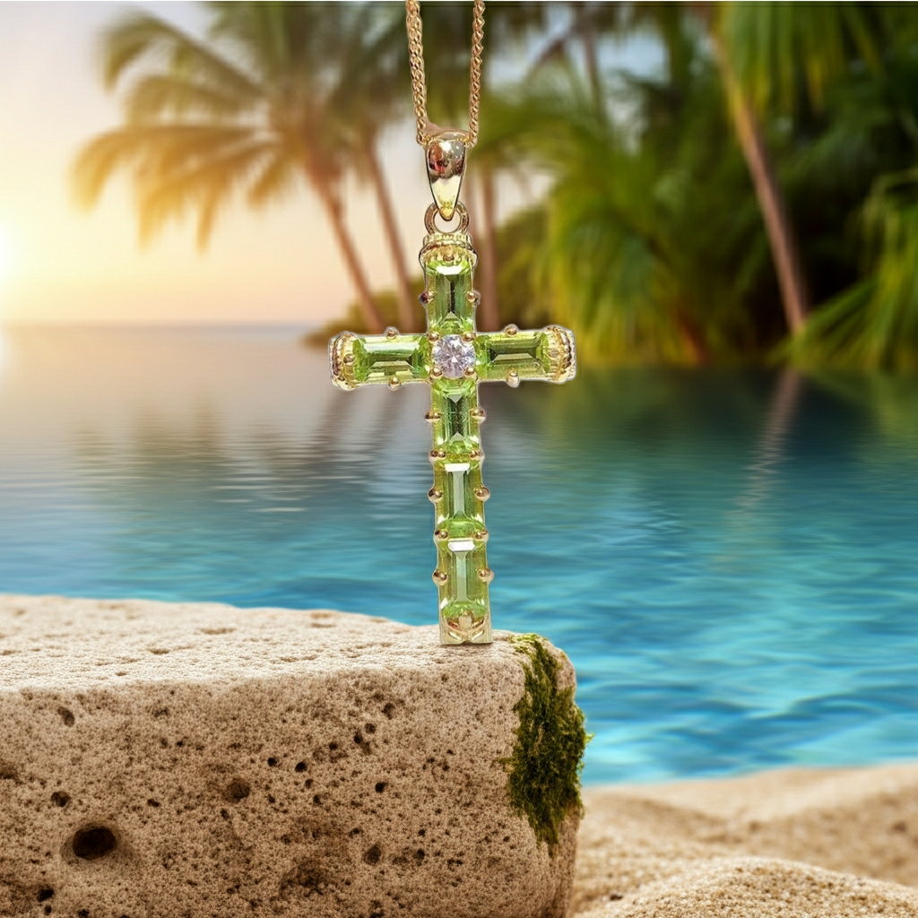 August Birthstone Peridot Gemstone Cross Necklace 3x5mm
