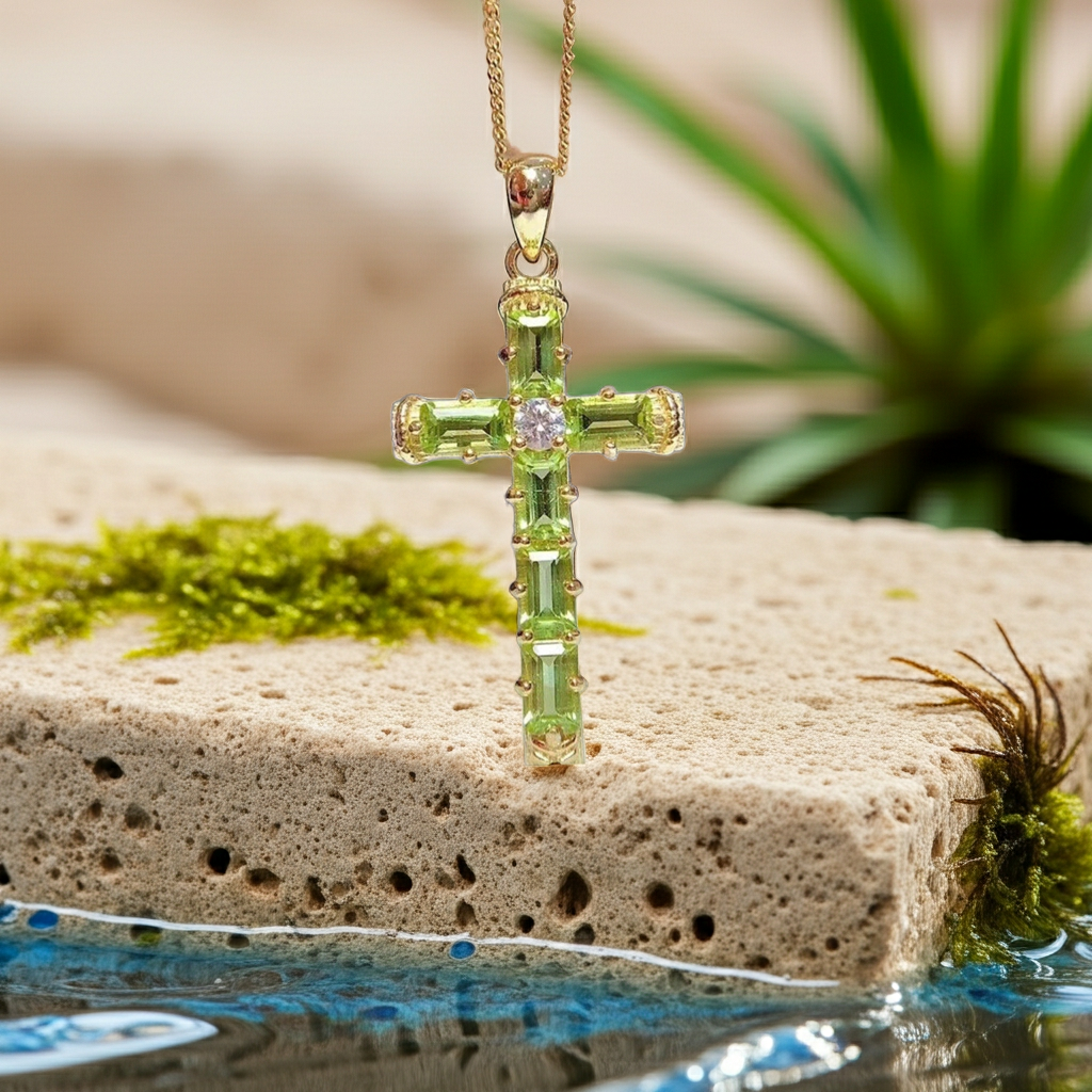 August Birthstone Peridot Gemstone Cross Necklace 3x5mm