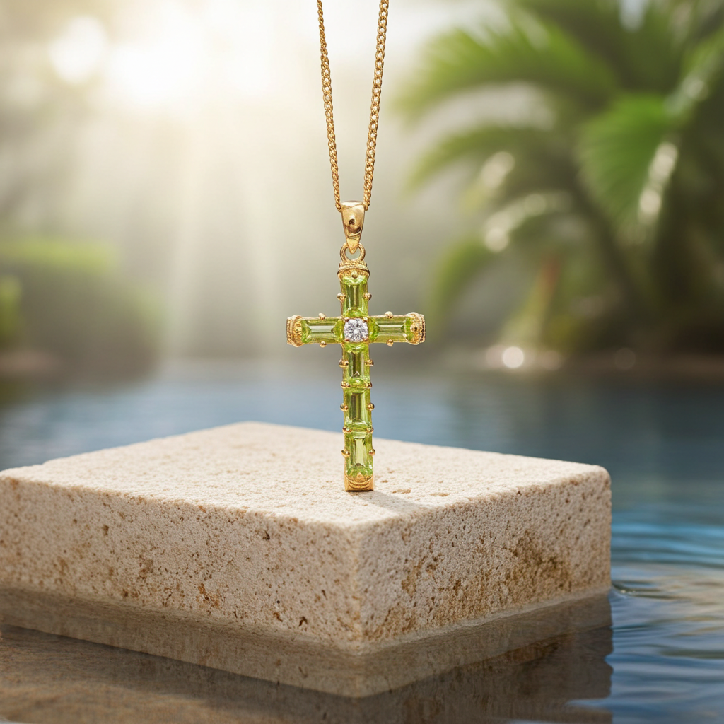 August Birthstone Peridot Gemstone Cross Necklace 3x5mm
