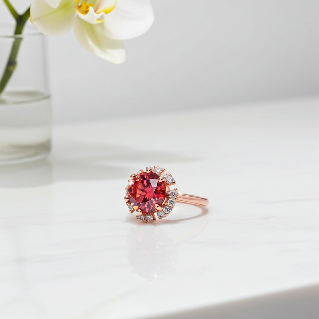 VVS1 2 Carat Red Moissanite Flower Ring Round Brilliant Cut