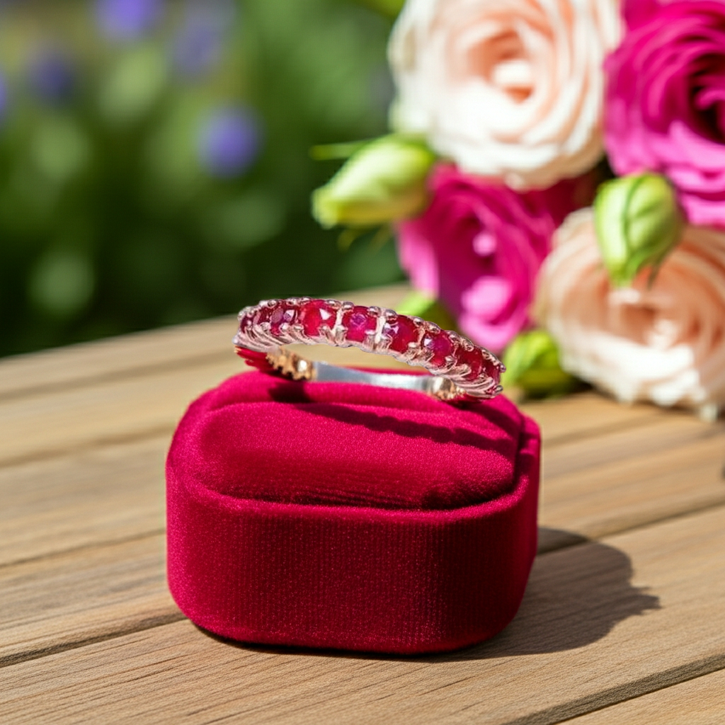 High Quality Natural Ruby Band Ring 2.5mm Sterling Silver Platinum Plated