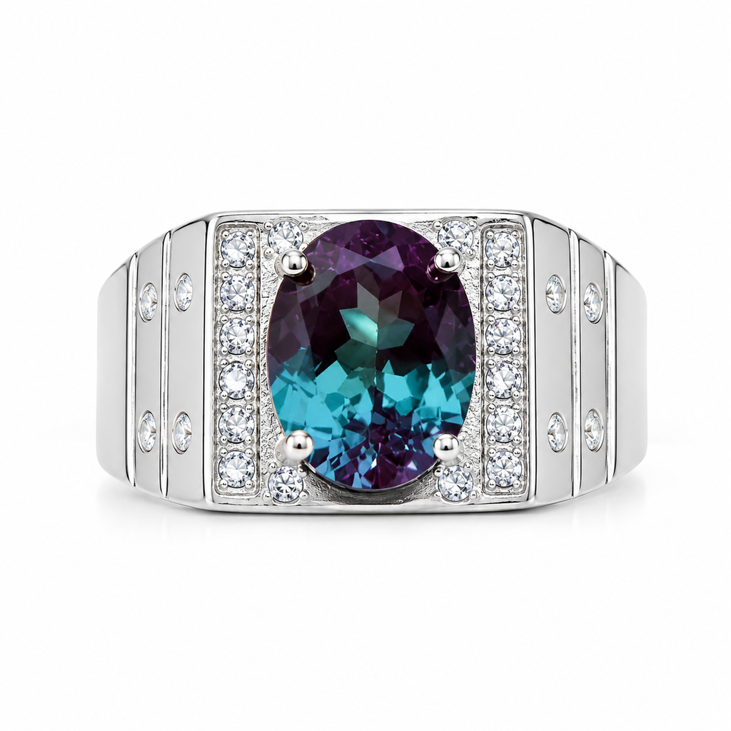 8x10mm oval Lab Alexandrite men's ring in 925 sterling silver on white background