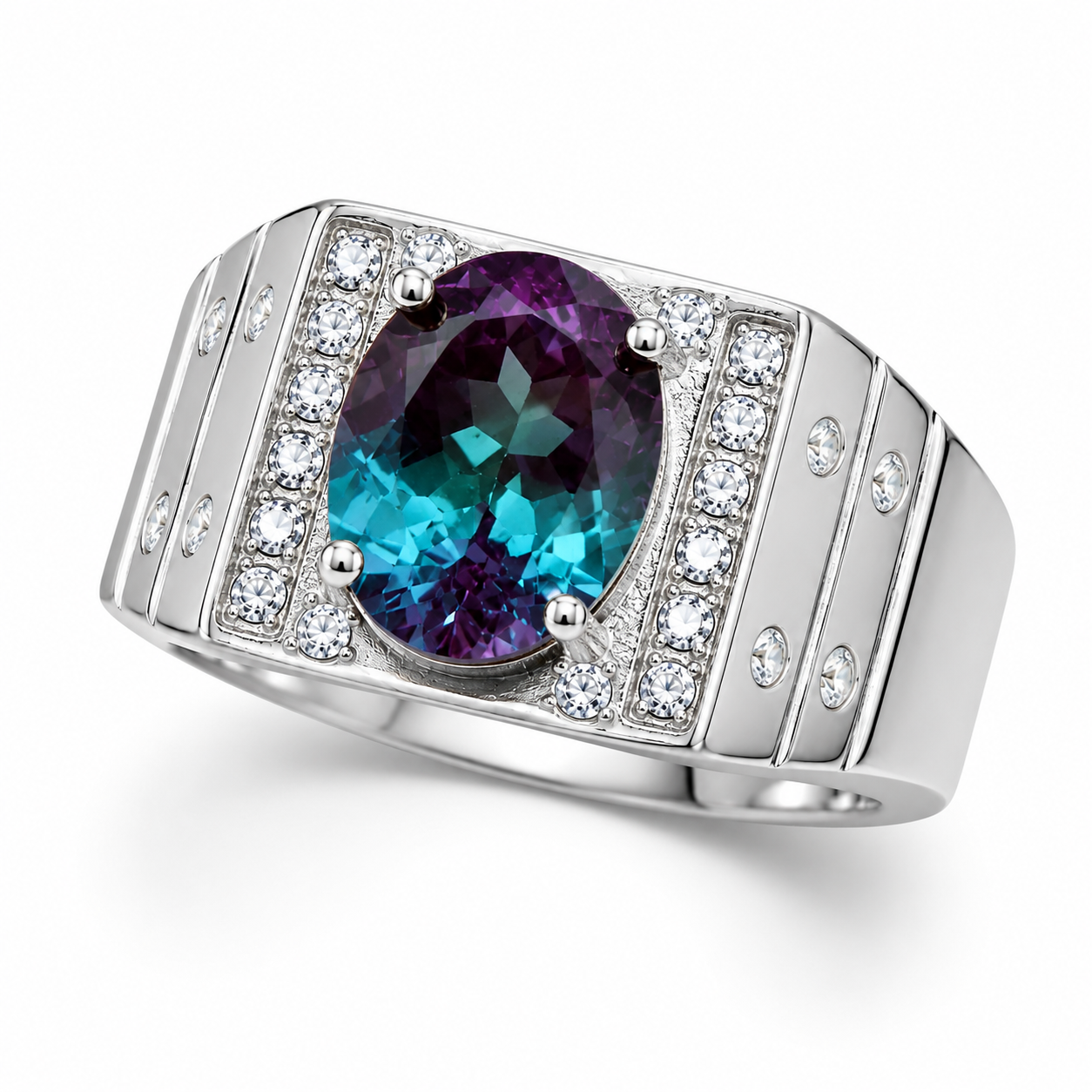 Angled view of 8x10mm Lab Alexandrite men's ring in 925 sterling silver
