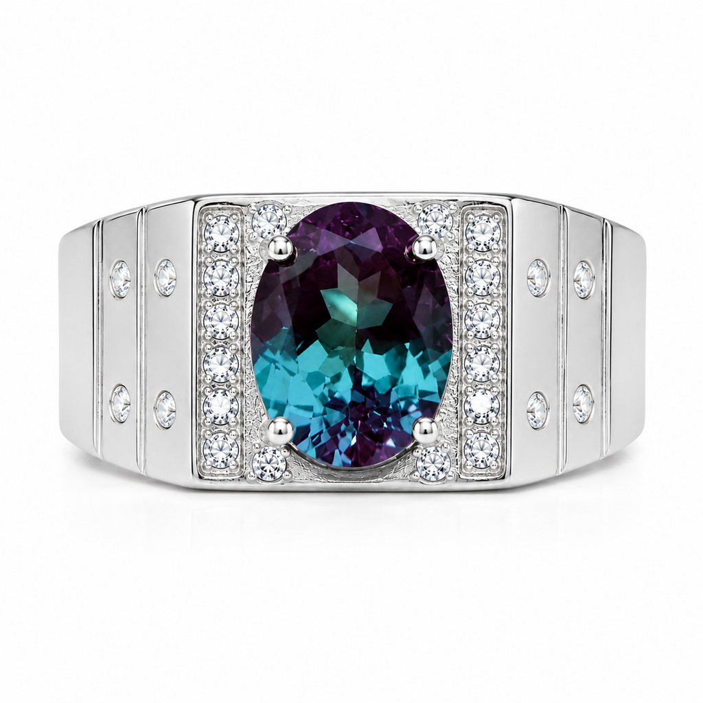 Top view of 8x10mm oval Lab Alexandrite men's gemstone ring