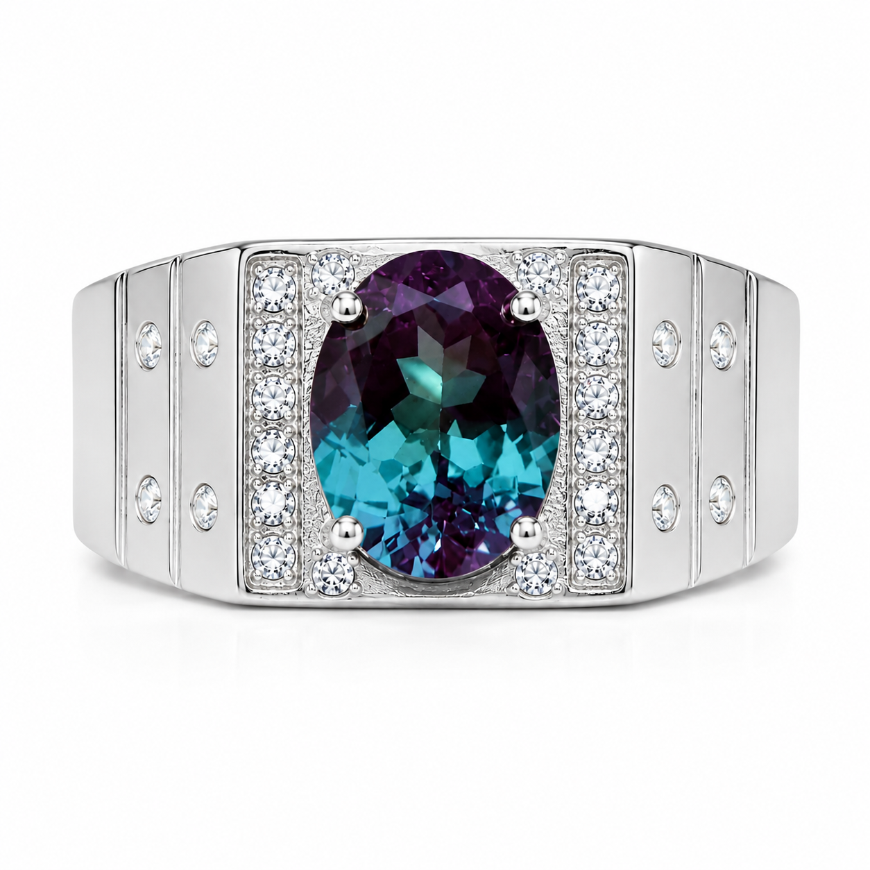 Top view of 8x10mm oval Lab Alexandrite men's gemstone ring