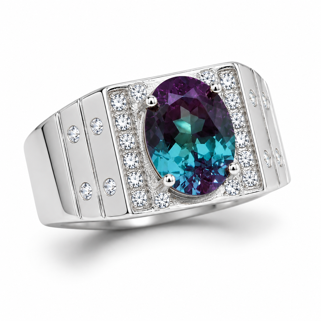 Side view of substantial 925 sterling silver men's Lab Alexandrite ring