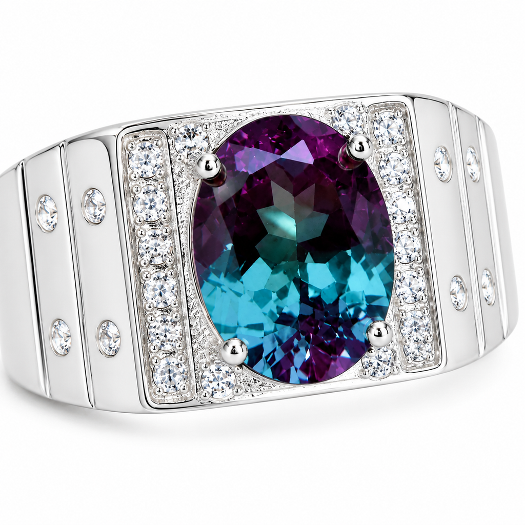Macro close-up of 8x10mm Lab Alexandrite gemstone and sterling silver ring details