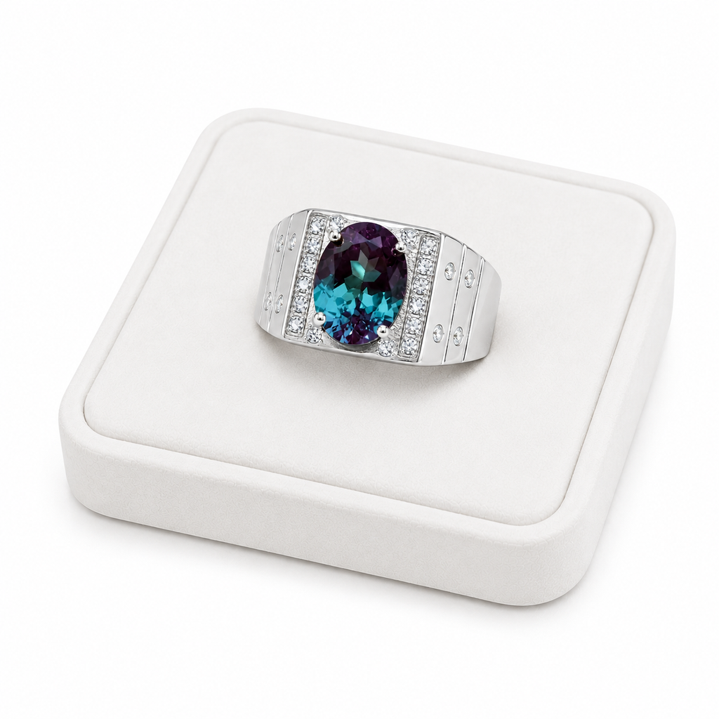 8x10mm Lab Alexandrite men's ring displayed on white velvet jewelry tray