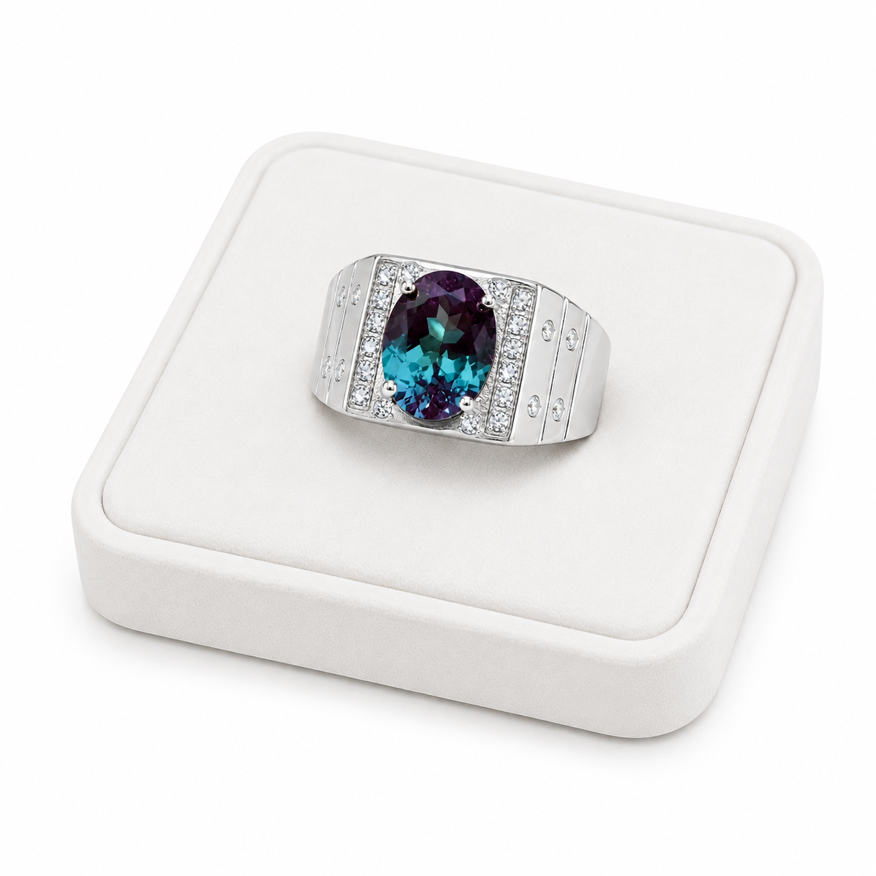 8x10mm Lab Alexandrite men's ring displayed on white velvet jewelry tray