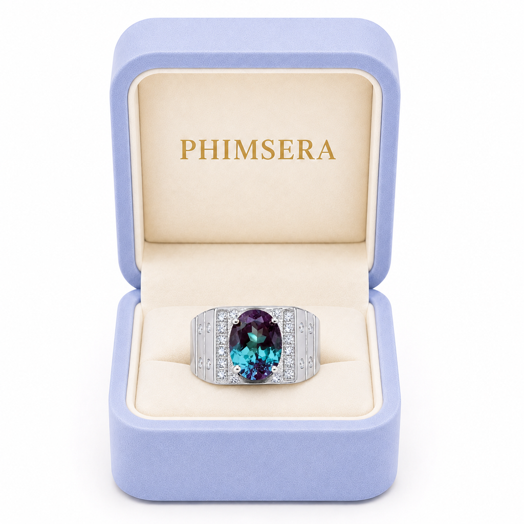 8x10mm Lab Alexandrite men's ring presented in Phimsera jewelry box