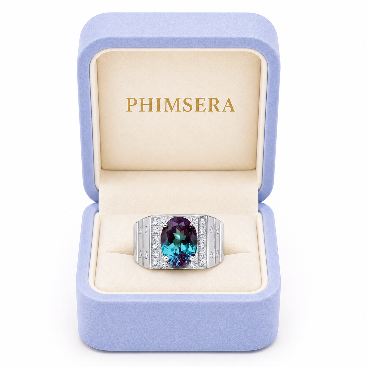 8x10mm Lab Alexandrite men's ring presented in Phimsera jewelry box
