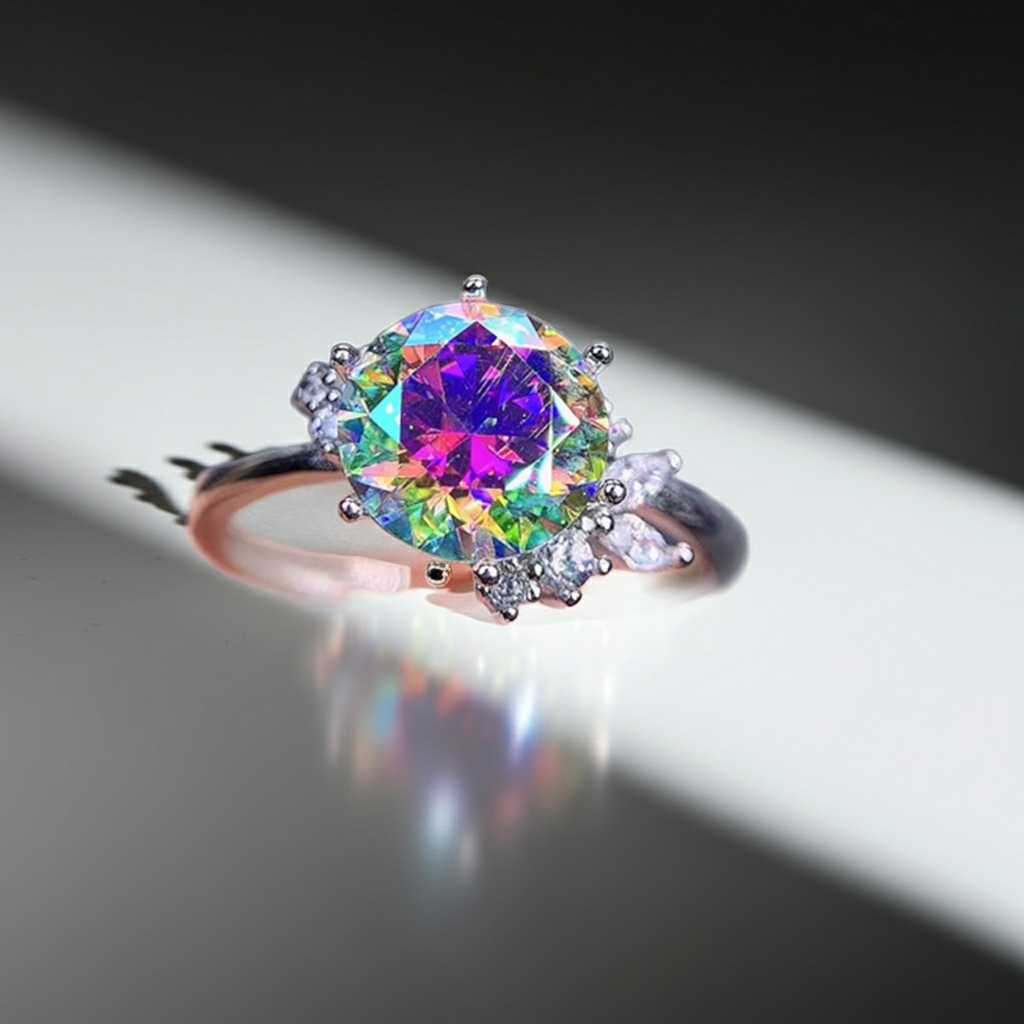 2CT VVS1 Round Brilliant Cut Iridescent Rainbow Moissanite Ring 8mm