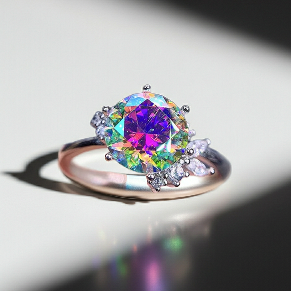 2CT VVS1 Round Brilliant Cut Iridescent Rainbow Moissanite Ring 8mm