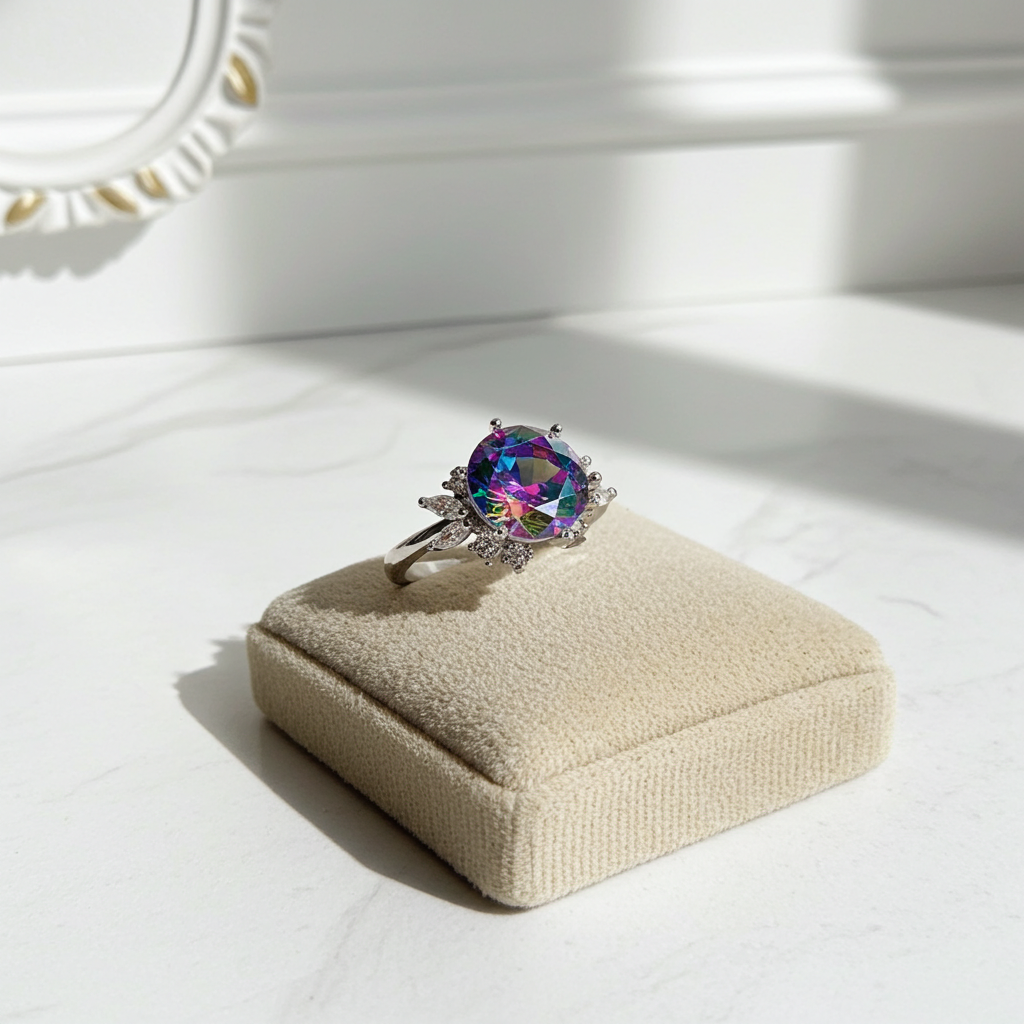 2CT VVS1 Round Brilliant Cut Iridescent Rainbow Moissanite Ring 8mm