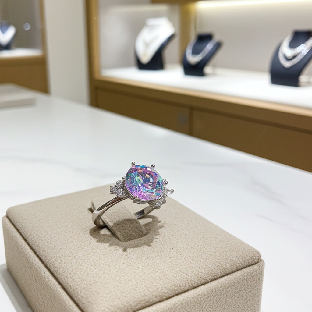 2CT VVS1 Round Brilliant Cut Iridescent Rainbow Moissanite Ring 8mm