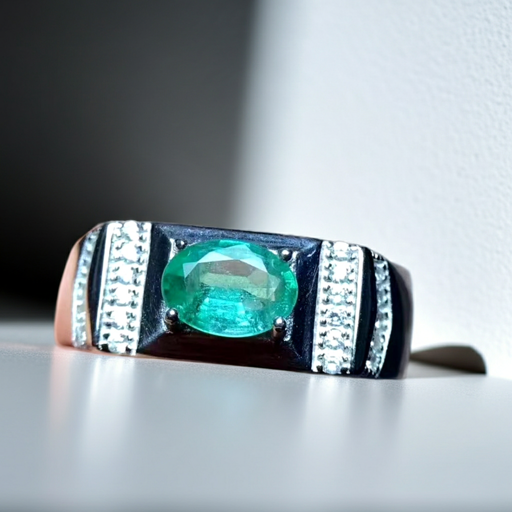 Men's Emerald Ring, Natural Emerald Men's Ring 925 Sterling Silver 5x7mm