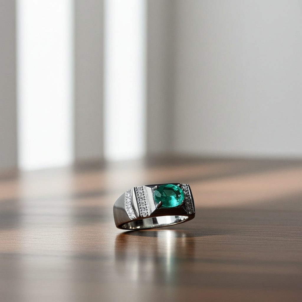 Men's Emerald Ring, Natural Emerald Men's Ring 925 Sterling Silver 5x7mm