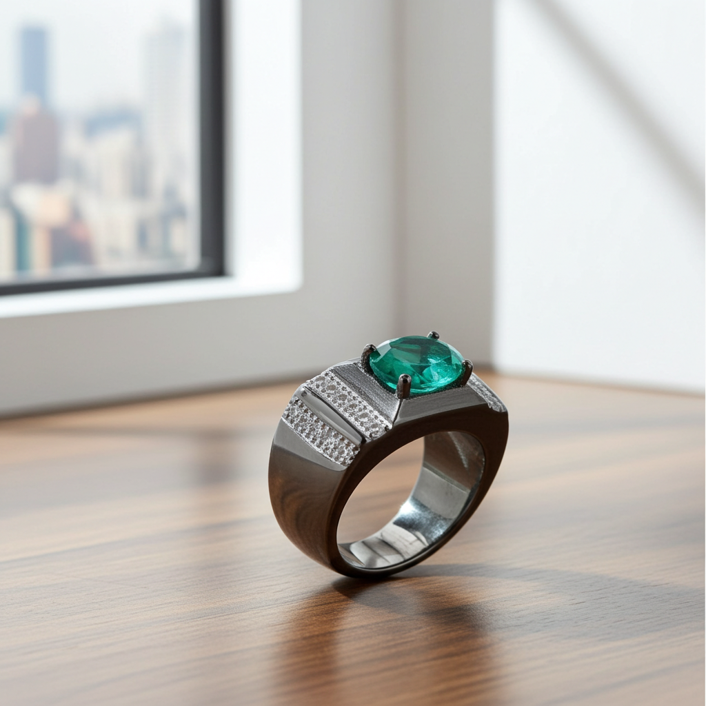 Men's Emerald Ring, Natural Emerald Men's Ring 925 Sterling Silver 5x7mm