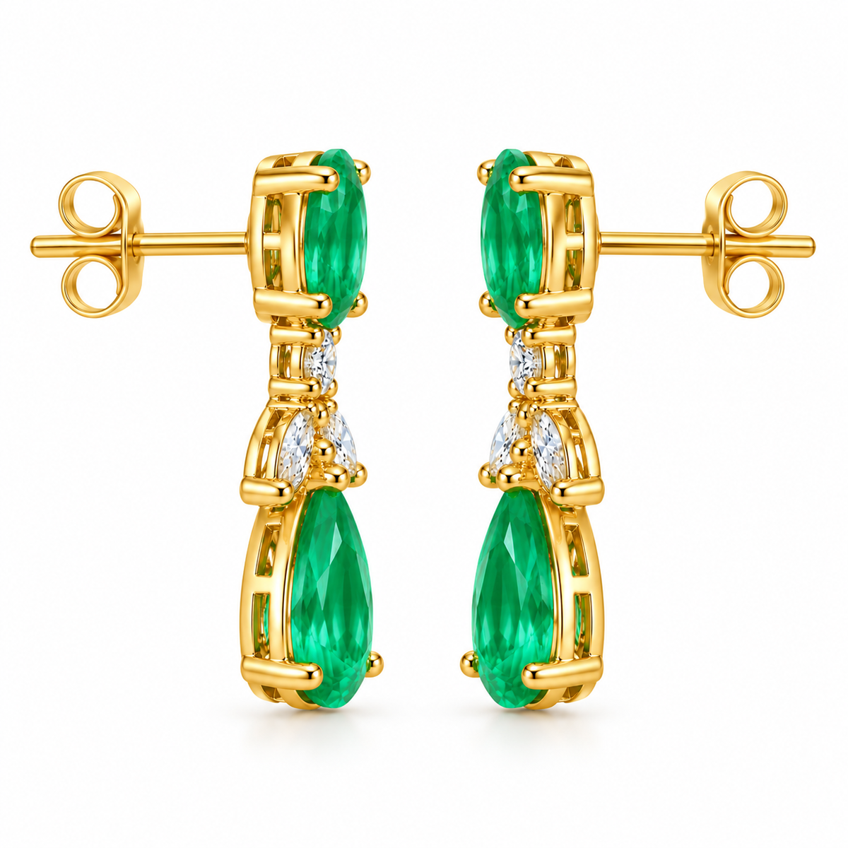 Natural Emerald 4x6mm Oval and Pear Cut Drop Earrings in Gold Plated 925 Sterling Silver